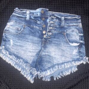 No Boundaries Blue Jean Shorts High-Waisted Frayed Hem